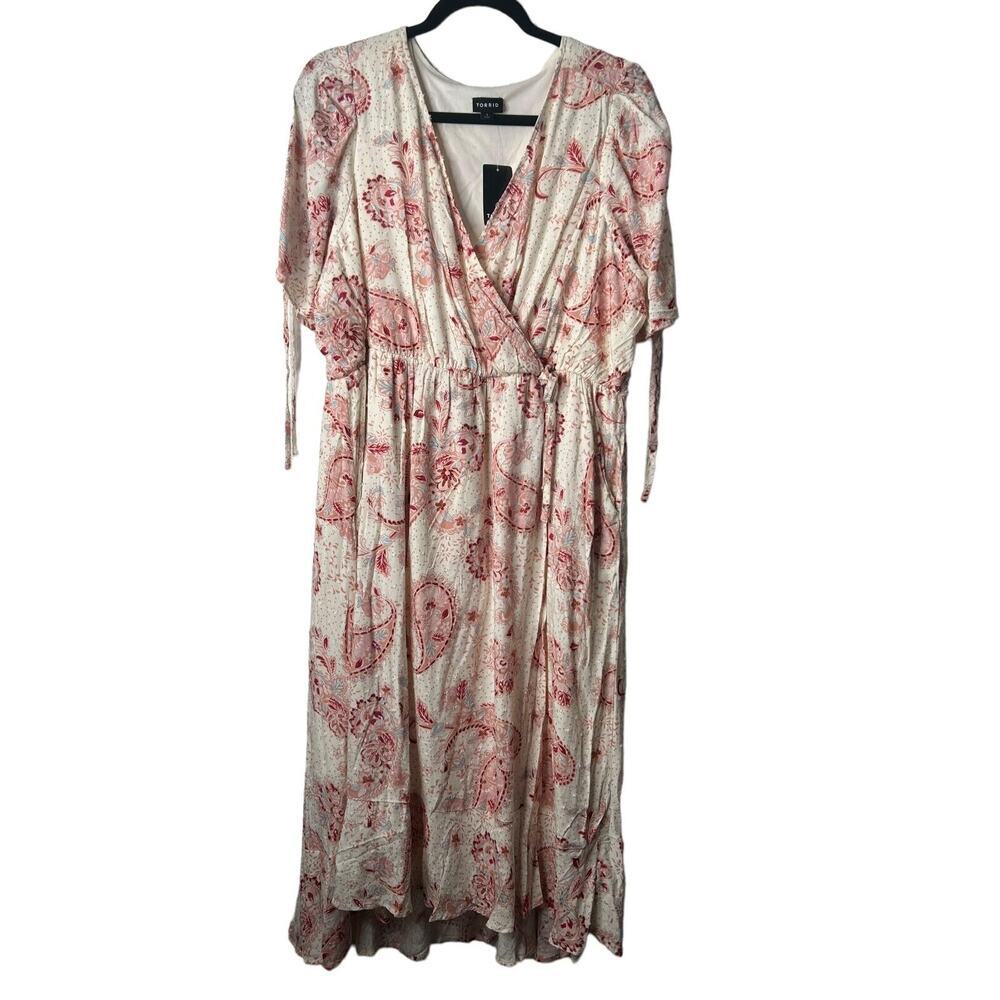 Torrid Dress Size 1X Midi Swiss Linen Surplice Paisley Faux Wrap Pink Multicolor